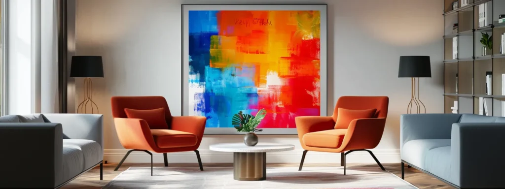 vibrant abstract painting hanging on a white wall as the focal point of a modern living room.