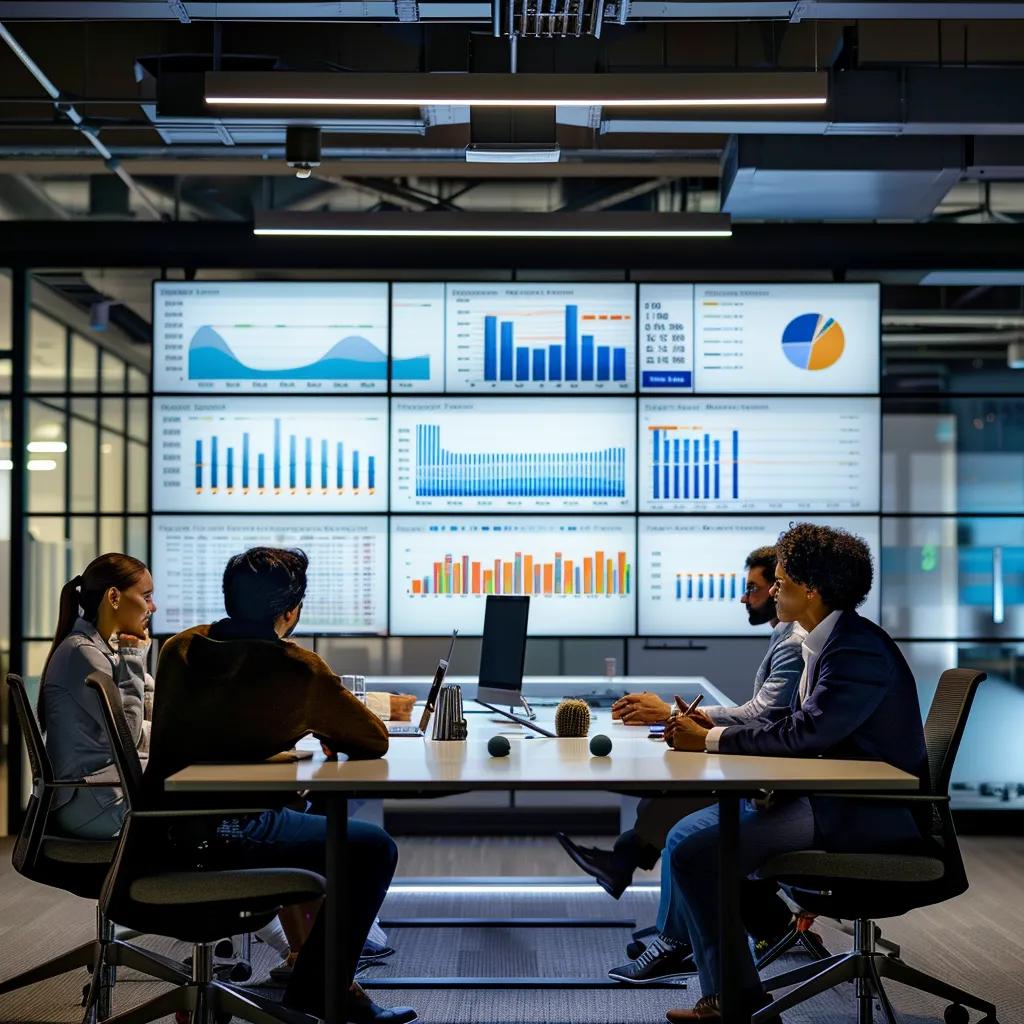 a modern office setting features a sleek conference table where focused professionals collaboratively review vibrant charts and graphs on digital screens, embodying the intensity of a pivotal final test between h1 and h2 strategies.